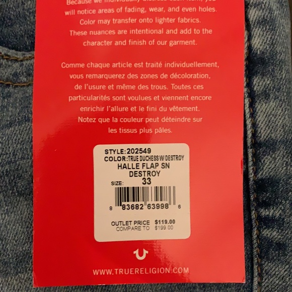 NWT True Religion Halle w/ Flap Destroy Size 33 - Picture 2 of 7